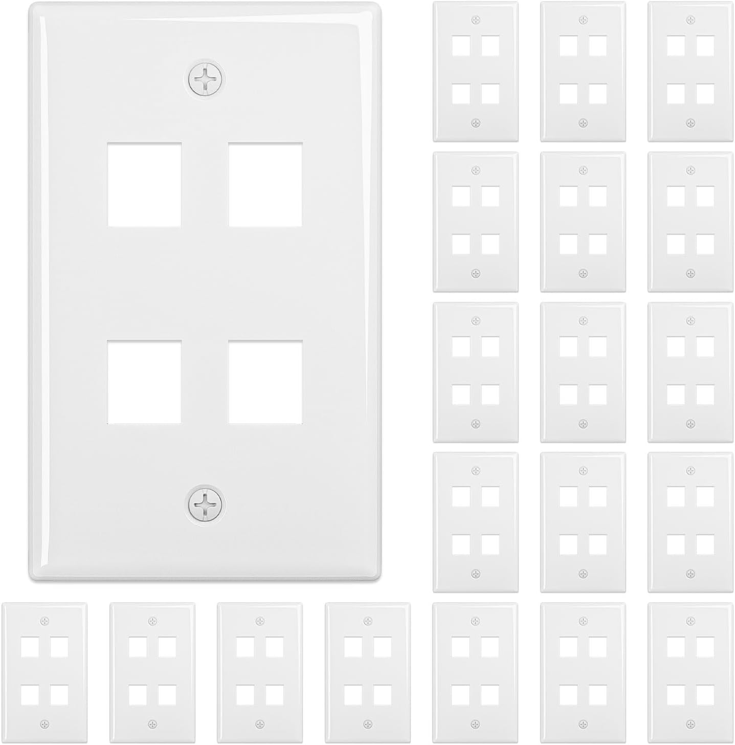 FGB 4-Port Keystone Wall Plate 20-Pack, Low-Profile Single Gang Wall Plates for RJ45, HDMI, and Coax Keystone Inserts, White