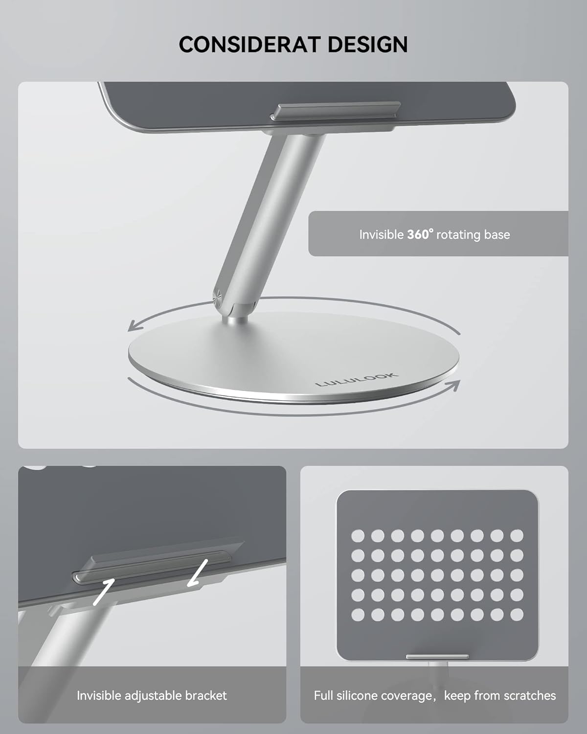 LULULOOK Laptop Stand for Desk 2025, 360 Rotating Adjustable Laptop Riser, Upgraded Foldable Full Aluminum Alloy Computer Stand for MacBook Pro/Air, Dell, HP, Lenovo and Other 10-17inch Laptops