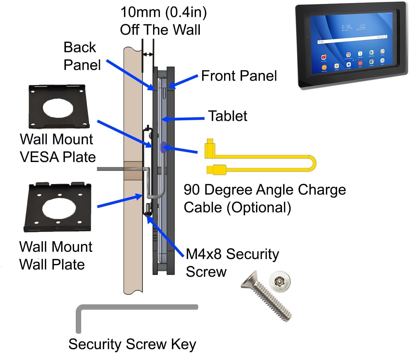 TABcare Anti-Theft Acrylic VESA Enclosure for Galaxy TAB Active3 & Active5 8.0 with Free Wall Mount Kit & 90-Degree Angle USB C Cable (White)