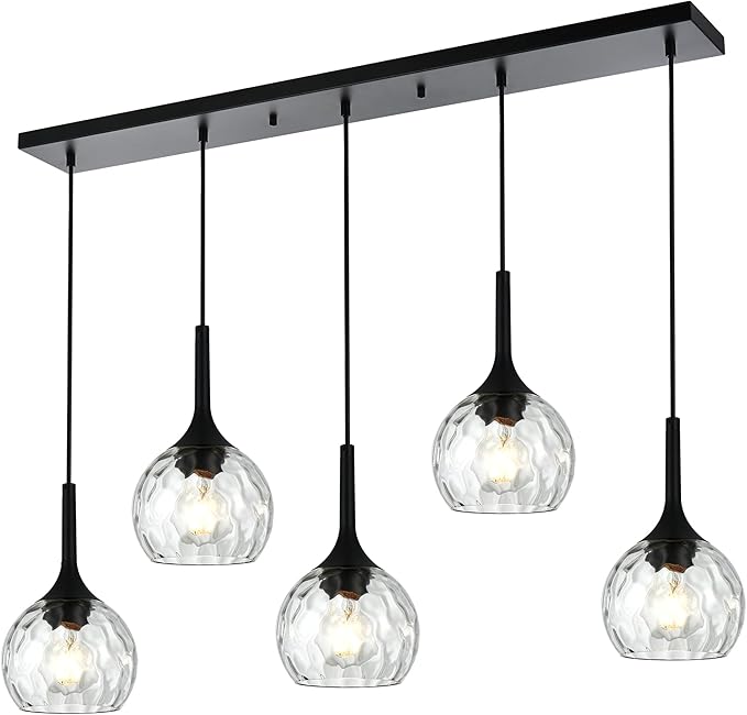 VINLUZ 5-Light Hanging Pendant Kitchen Island Light in Classic Black Finish with Ribbed Glass Shades, Modern Chandelier for Dining Room & Hallway