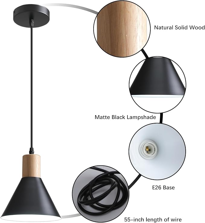 Pendant Lights, 3 Pack Solid Wood Ceiling Hanging Lamp, Modern Matte Black Pendant Lighting for Kitchen Over Island Dining Living Room Bedroom