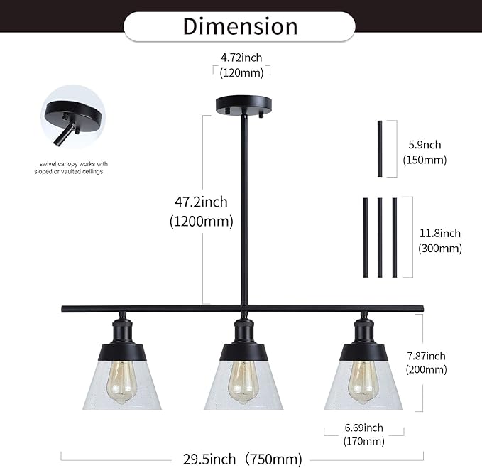 Fivess Lighting 3-Light Farmhouse Black Kitchen Island Lighting, Clear Seeded Glass Linear Chandelier, Adjustable Rods Industrial Rustic Pendant Light Fixture for Kitchen Island Dining Room