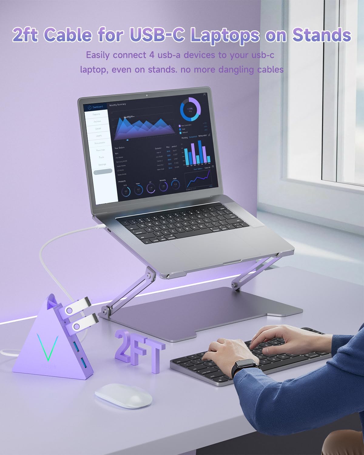 USB C Hub, USB Type C to 4-Port USB 3.0 Adapter for MacBook, Surface, Laptop, Flash Drive, Mouse, Keyboard, HDD (2ft, Light Purple)