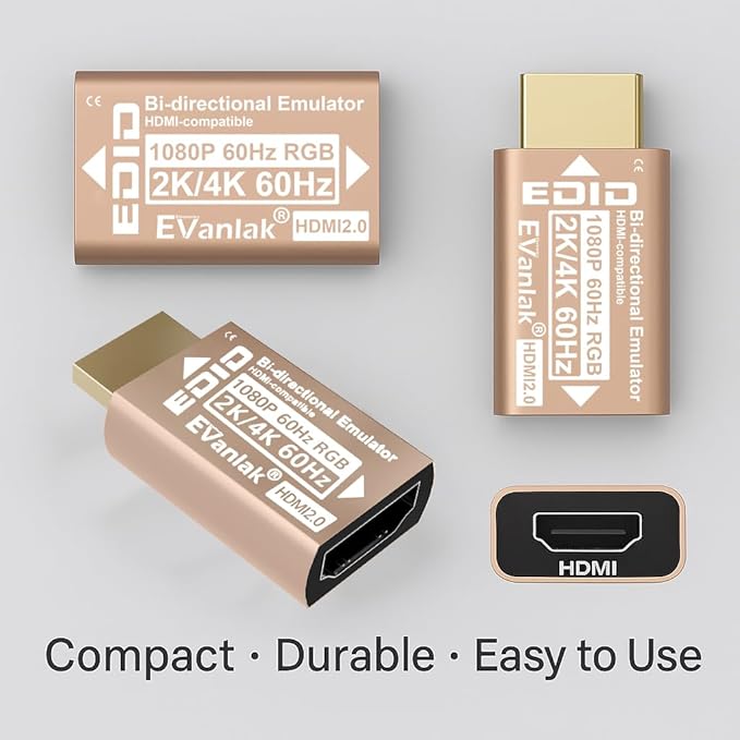 EVanlak HDMI EDID Emulator Adapter Dummy Plug, Virtual Display Headless Ghost HDMI Passthrough 1080P@60Hz to 4K@60Hz, Bi-Directional, Gold -1P