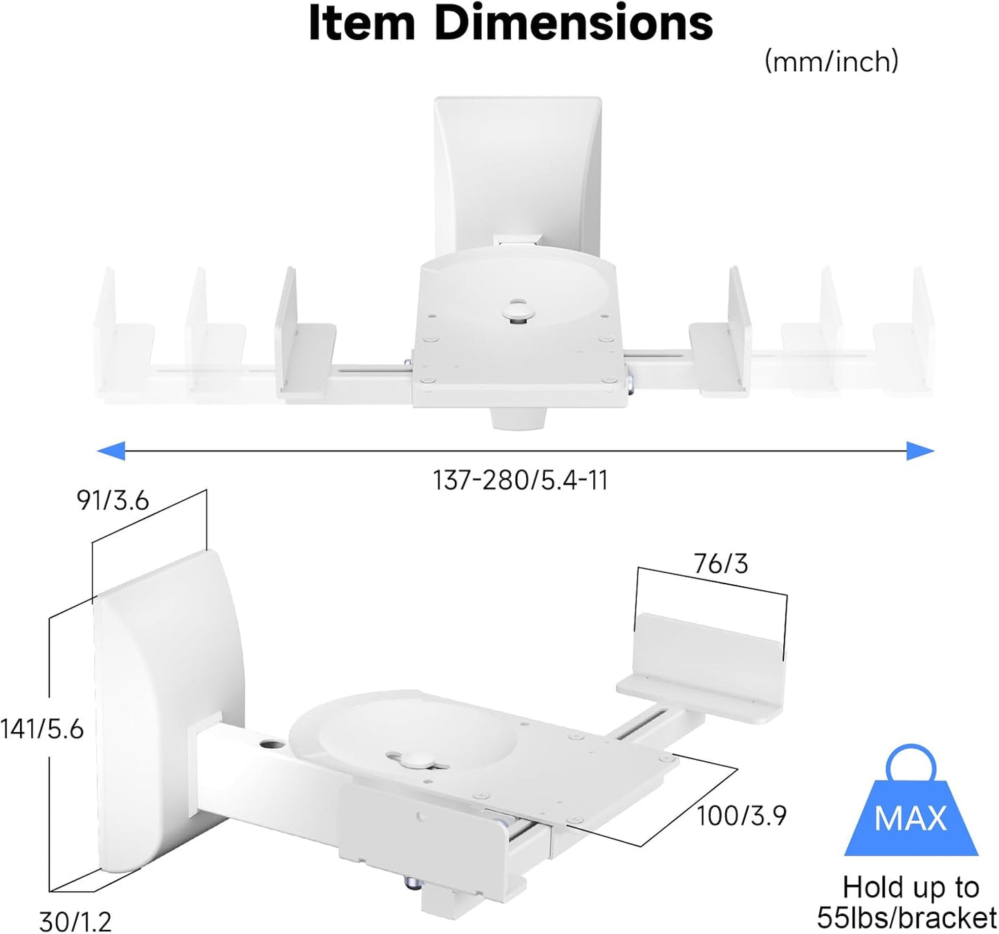 suptek Dual Side Clamping Bookshelf Speaker Wall Mounting Bracket for Large Surrounding Sound Speakers, Hold Up to 55 lbs, White (SPM201W)