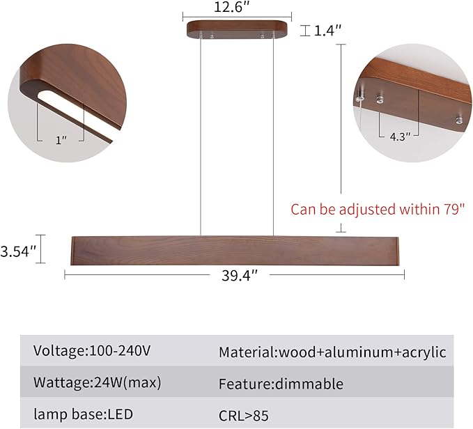 39.4" Wood Linear Pendant Light 24w Led Dimmable Dining Room Light Wood Kitchen Island Pendant Hanging Light for Kitchen Island Office Lights Walnut Color