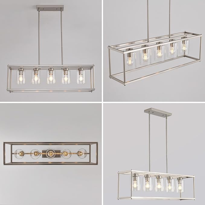 Farmhouse Chandeliers for Kitchen Island, Modern 5-Light Rectangle Chandelier, Brushed Nickel Linear Pendant Lighting Fixture with Clear Glass Shade, L35.4 Inch