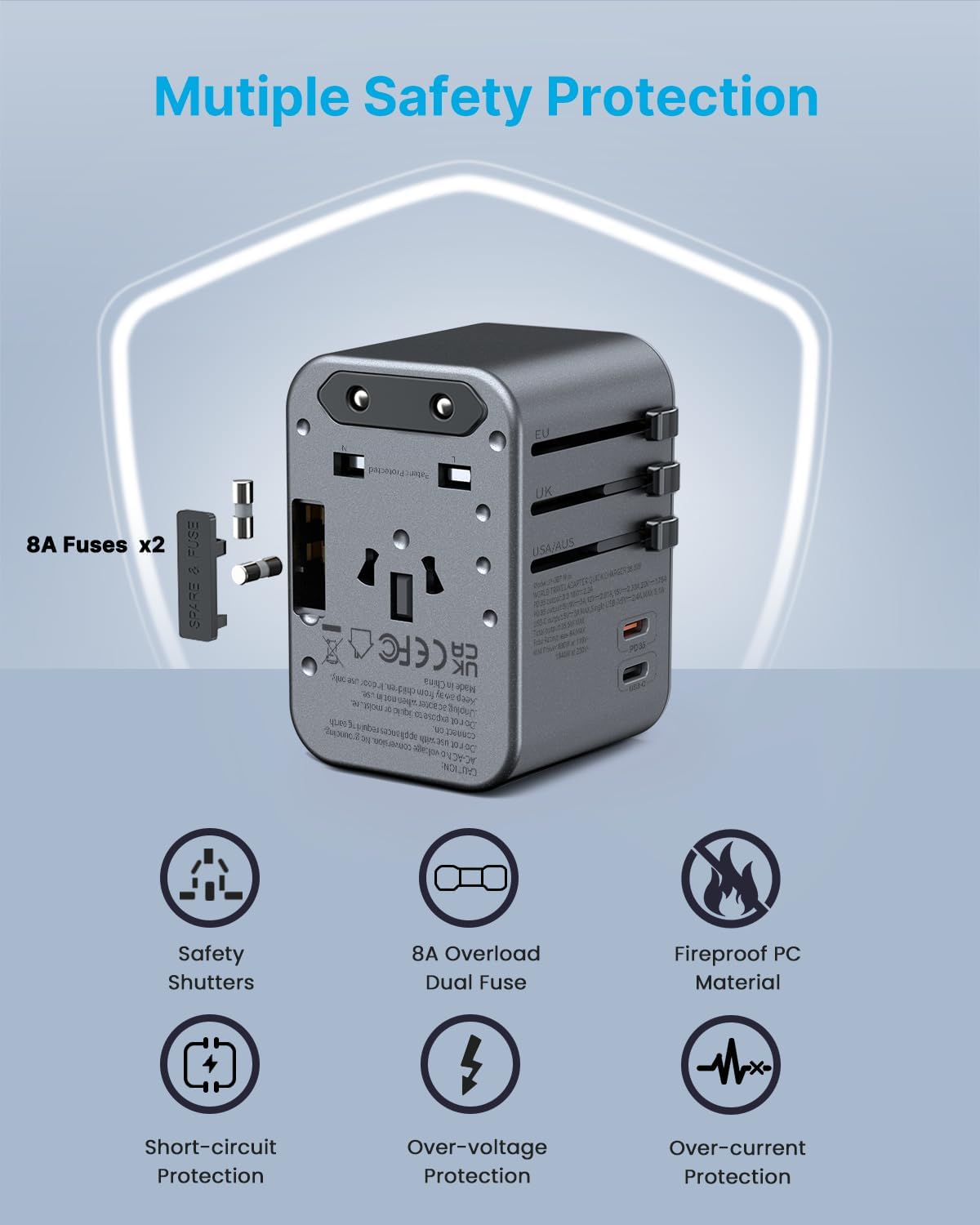 Universal Travel Adapter, VINTAR 35.5W International Power Adapter with 3 USB A QC and 2 USB C PD, All in One Plug Adapter Worldwide Travel Essentials for EU/UK/USA/AUS(Type C/G/A/I), Silver
