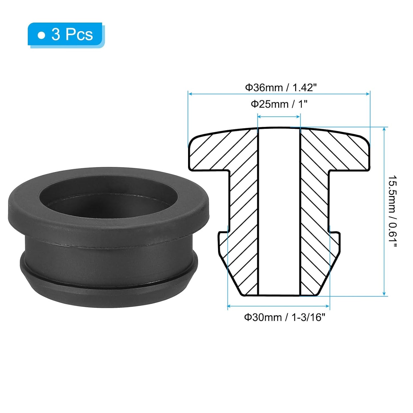PATIKIL 30mm / 1-3/16 Inch Drill Hole,1 Inch ID Rubber Grommets, 3Pcs Top Hat Grommet for Wiring Eyelet Ring Gasket Automotive Firewall Cable Hole Plugs Wires Protection, Black