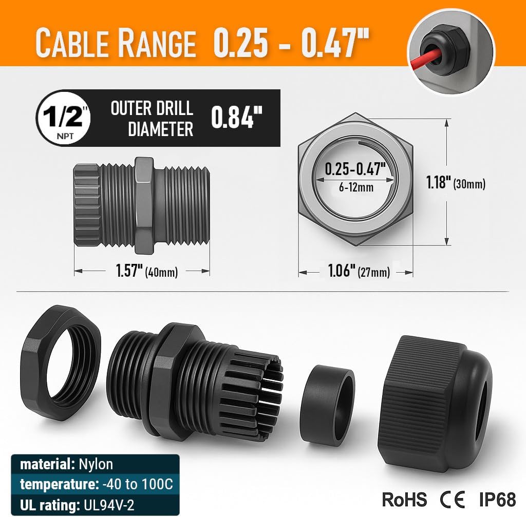 MGI SpeedWare 1/2" NPT Strain Relief Nylon Cord Grip Cable Glands, Black Plastic Grommet 100-Pack
