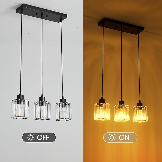 3 Light Pendant Lighting for Kitchen Island, Black Hanging Light Fixture for Ceiling, Farmhouse Dining Room Lights for Bedroom, Hallway, Modern Glass Chandelier, E26 Base, Bulbs Not Included