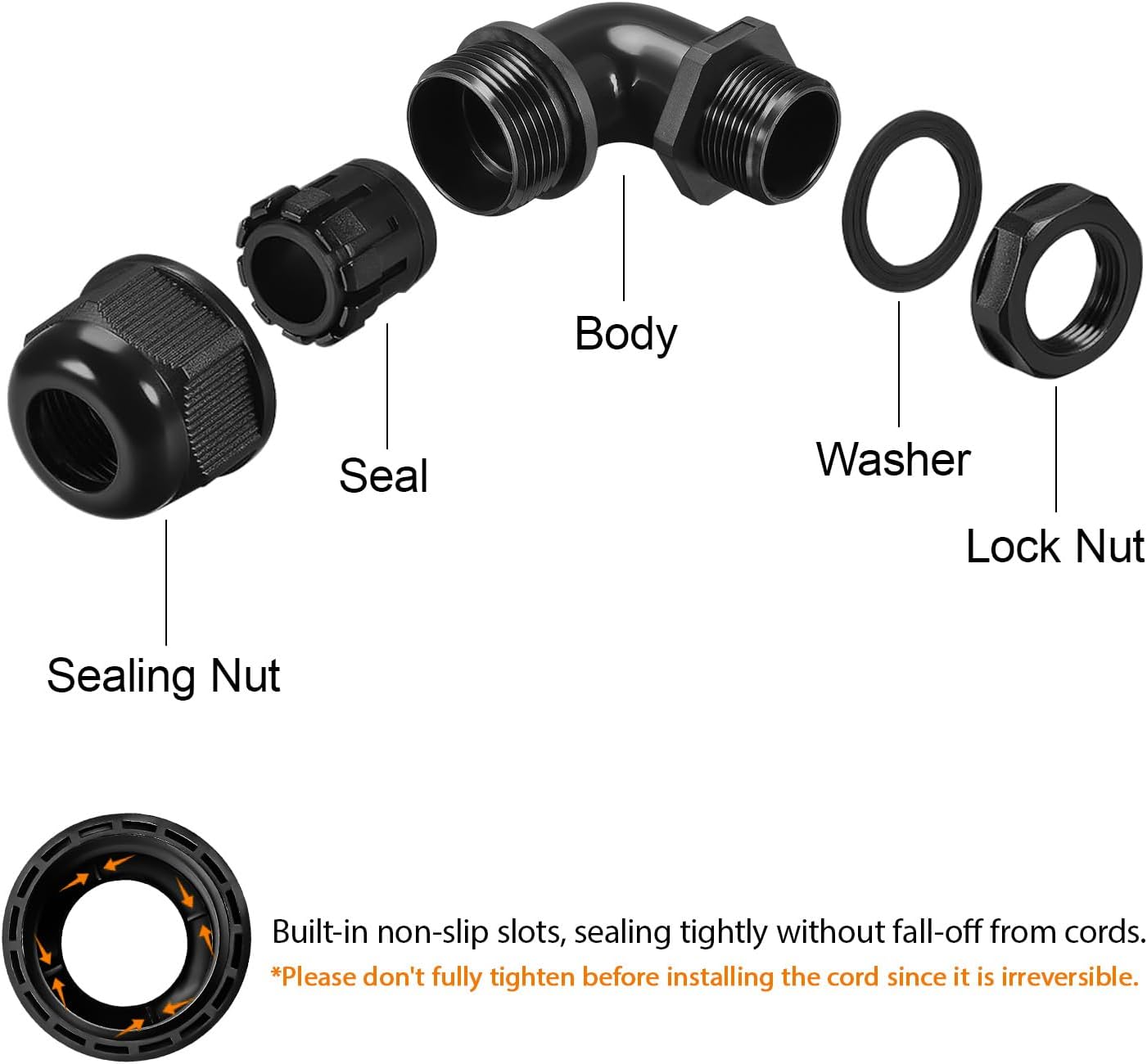 LeMotech M16 Cable Gland, 90 Degree Adjustable 6-10mm Strain Relief, Cord Connectors Nylon Joints with Gaskets, 2 Pcs, Black