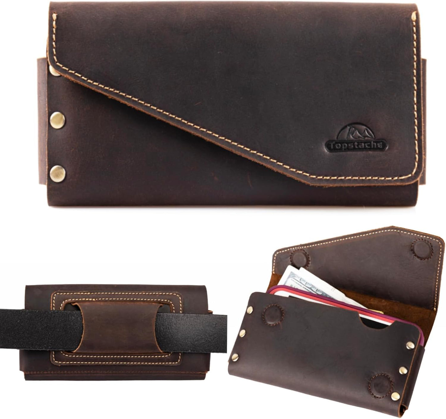 topstache Leather Phone Holster with Belt Loop, Magnetic Closure Cell Case Card Holder Wallet,Leather Pouch for iPhone 14 Pro,Galaxy S23(Fits Otterbox on) L,Darkbrown, Belt Loop-Darkbrown (C0403)