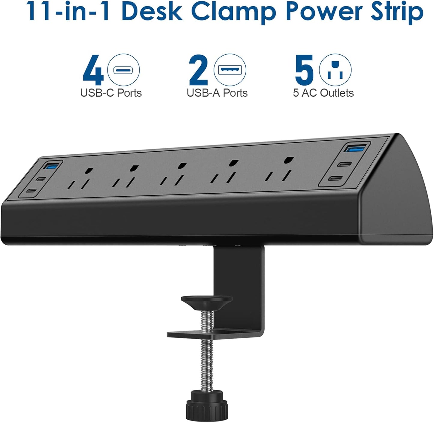 Desk Clamp Power Strip USB C,Under Desk Mount Power Station,20W Fast Charging,Fits 1.9'' Tabletop Edge,Desk Surge Protector,Perfect Home,Office Supplies (Black, 5 Outlets & 6 USB Ports & 25 FT Cable)