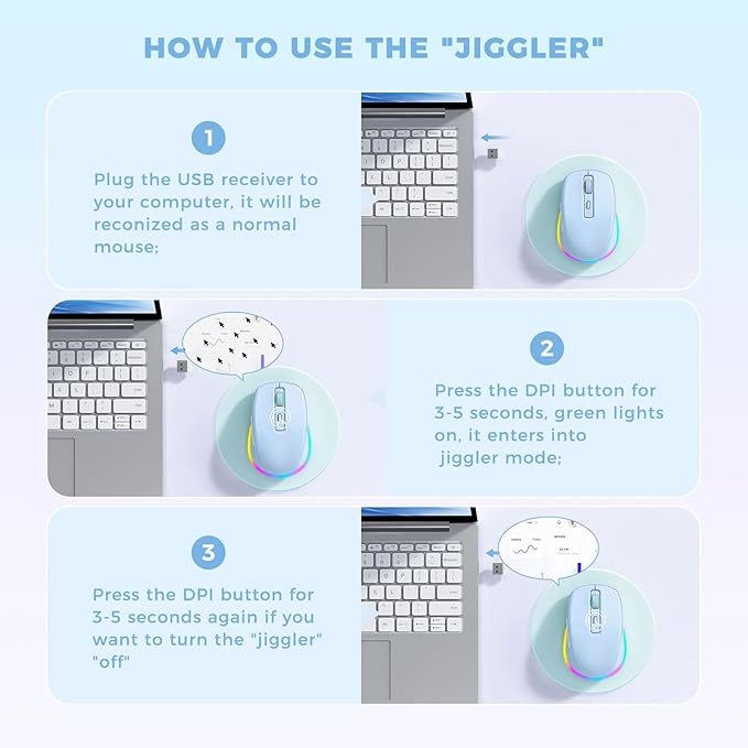 PEIOUS Wireless Mouse Jiggler - LED Wireless Mice with Build-in Mouse Mover, Rechargeable Moving Mouse for Laptop with Undetectable Random Movement Keeps Computers Awake - Light Blue