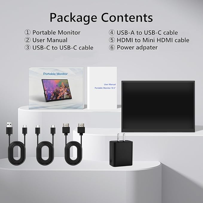 Portable Monitor for Laptop, 10.5" Screen Extender 1920x1280P IPS Travel Monitor 3:2, 500nits, 2000:1, w/45° Adjustable Stand, Standard HDMI USB-C Computer Display for Laptop PC Phone Mac PS4 Xbox