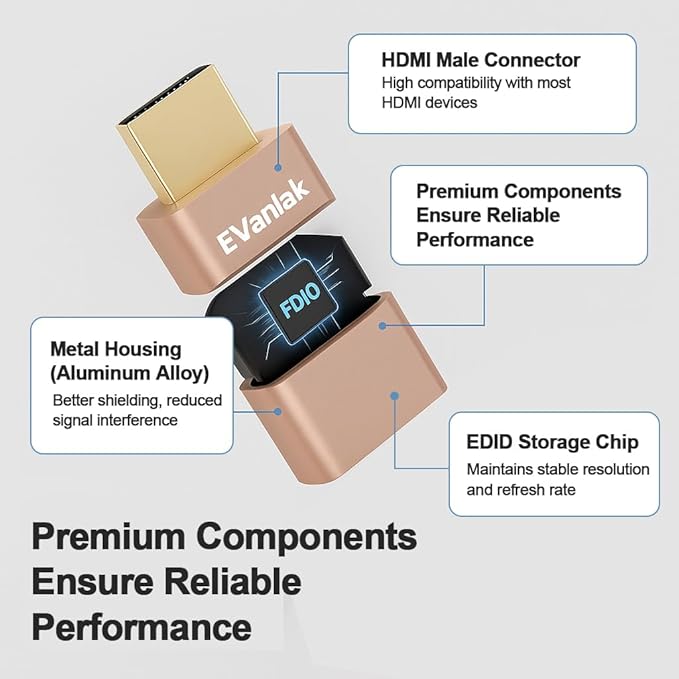 EVanlak HDMI EDID Emulator Adapter Dummy Plug, Virtual Display Headless Ghost HDMI Passthrough 1080P@60Hz to 4K@60Hz, Bi-Directional, Gold -1P