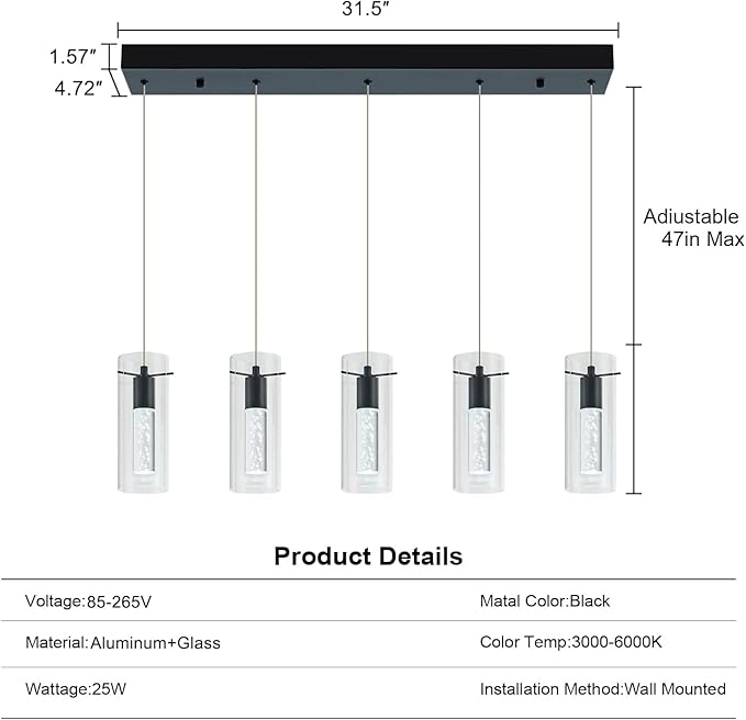 Black Pendant Lights, Modern Pendant Light Kitchen Island Pendant Light Fixtures, Modern Island Light with Bubble for Kitchen, Dimmable Kitchen Chandelier Light Fixture (25W, 5-Light)