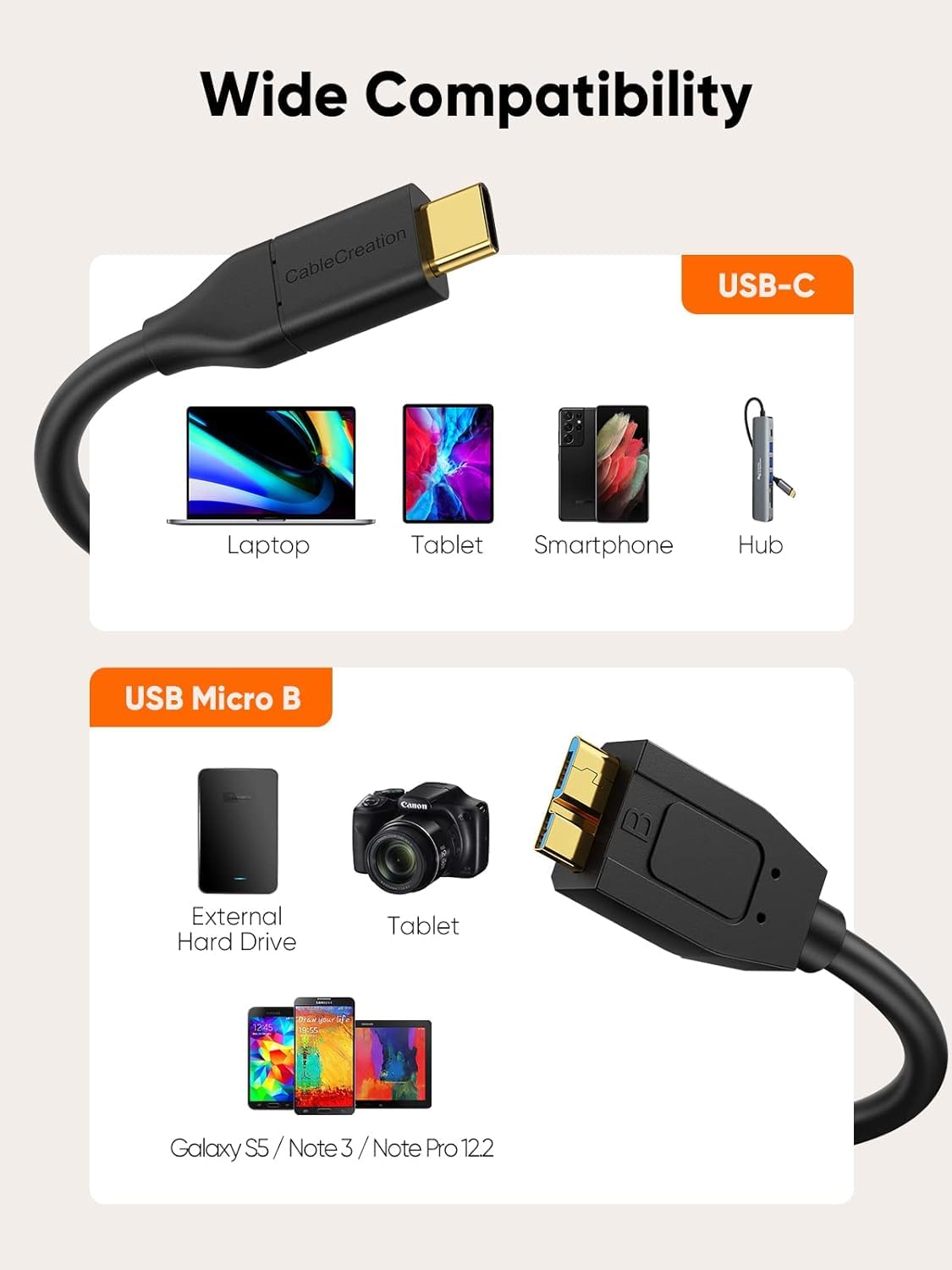 CableCreation 1FT*3 USB C to Micro B Cable,10Gbps Speed External Hard Drive Braided,USB 3.1 Type C to Micro B Work for iPhone 15/16,Seagate WD Westgate My Passport,MacBook Pro, iPad/Tablet,Black