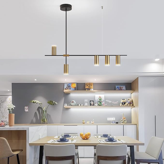 Siittoo Pendant Light Fixtures, Dimmable Modern LED Chandelier Lighting with Spotlights, Adjustable Linear Hanging Pendant Light for Kitchen Island Dining Room Living Room (Black,Gold 30W)