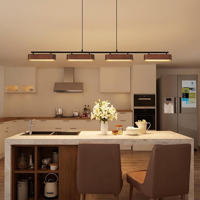 50.2" Kitchen Island Lights, 38W Wood Dining Room Light Fixtures Over Table, Dimmable Linear Pendant Lights for Kitchen Island, 4-Light Rustic Hanging Farmhouse Chandeliers, Walnut Color