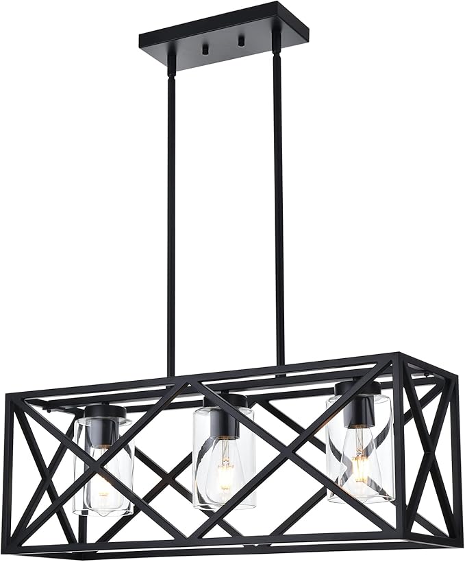 3-Lights Black Kitchen Island Pendant Lighting, Contemporary Dining Room Chandelier with Clear Glass Shades for Overtable Living Room