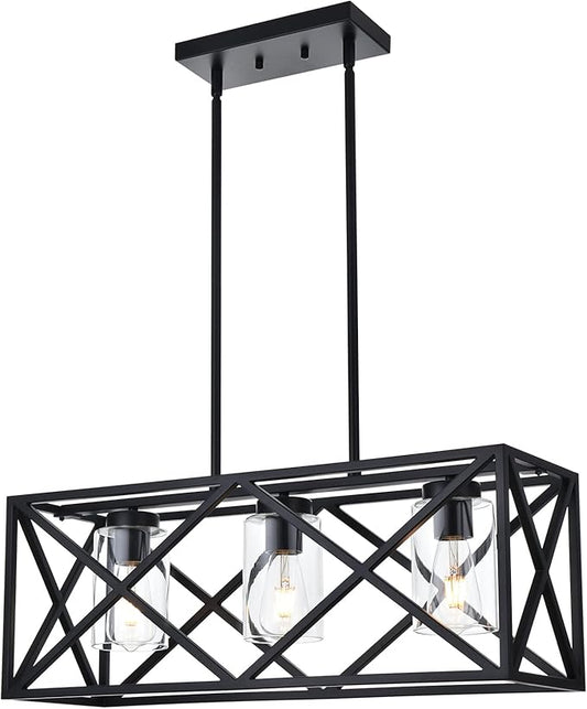 3-Lights Black Kitchen Island Pendant Lighting, Contemporary Dining Room Chandelier with Clear Glass Shades for Overtable Living Room