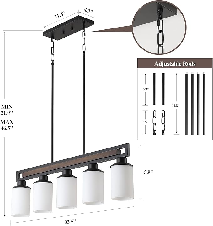 Farmhouse Dining Room Light Fixture, 5-Light Wood Kitchen Island Lighting for Dining Room Over Table, Black Adjustable Pendant Light with Milk Glass Shades, Linear Chandeliers Lighting for Kitchen