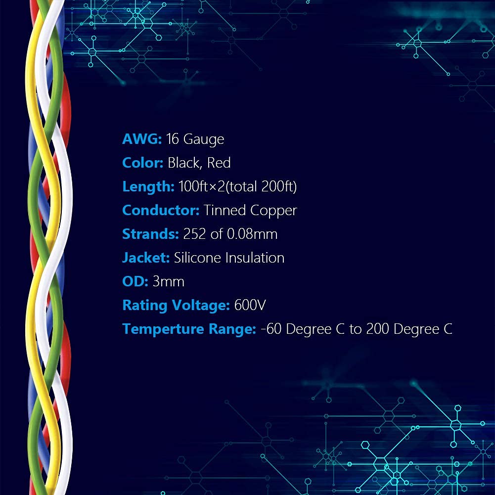 Fermerry 16 AWG Stranded Wire Spool 100ft Each 2 Colors Flexible 16 Gauge Silicone Hook up Wire Kit Electrical Tinned Copper Wire