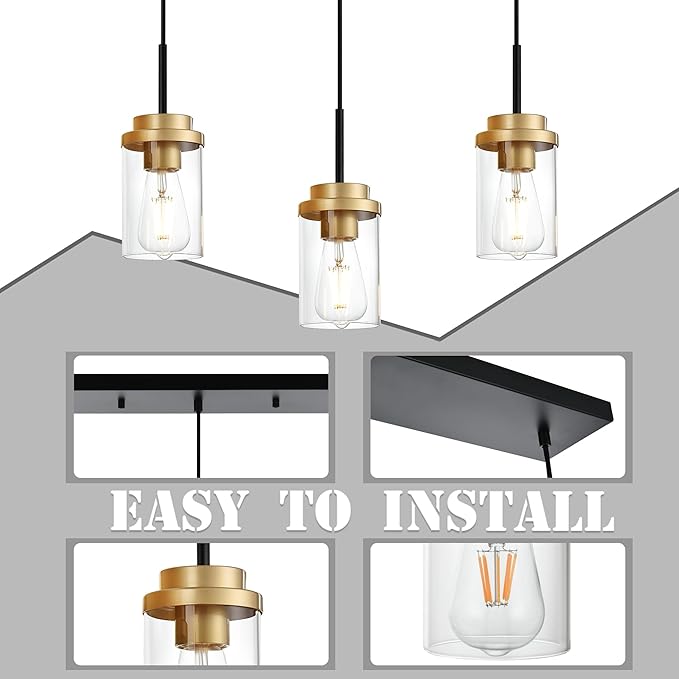 MELUCEE 23.6 Inches Dining Room Light Fixture Hanging 3-Lights Kitchen Pendant Light Fixture Over Island Black Ceiling Hanging Lamp with Clear Glass Shade, Gold Socket