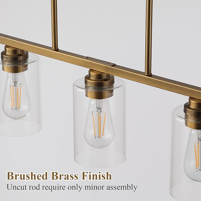 Island Light for Kitchen, Brushed Brass Dining Room Light Fixture Over Table, 5-Light Linear Chandelier Pendant Lighting for Dining Table Kitchen Island Living Room