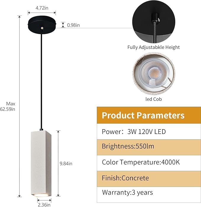 Concrete Linear Pendant Light,Modern LED Industrial Hanging Cement Pendant Lighting Fixture for Kitchen Island Dinning Room Bedroom Bedside Table Small Pendant Lights(3-Pack)