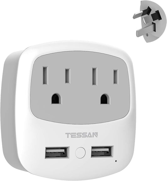 TESSAN New Zealand Australia Plug Adapter, Type I Travel Adaptor with 2 USB Ports 2 American Outlets, US to Australian AU Fiji Argentina China Charger Power Converter