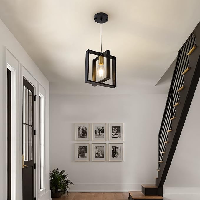 Black Farmhouse Pendant Light,1-Light Small Chandelier,Wood Dining Room Light Fixture with Adjustable Cord,Hanging Lights for Hallway, Kitchen Island, Foyer, Entryway