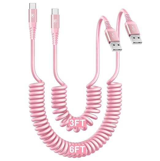 USB C Cable Fast Charging Cable [3FT+6FT], Coiled USBA to USBC Cable for Car, USB C Cord iPhone USB-C Cable Compatible with iPhone 17 16 15 Pro Max,Samsung Galaxy S10 S9 and More-Pink