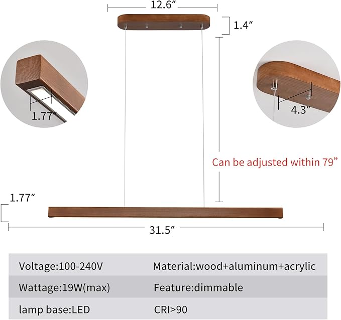 31.5" Wood Linear Pendant Light – Dimmable LED Chandelier with Remote, Adjustable Modern Farmhouse Lighting for Kitchen Islands, Dining Rooms & Bars Walnut Color (19W Energy-Efficient)
