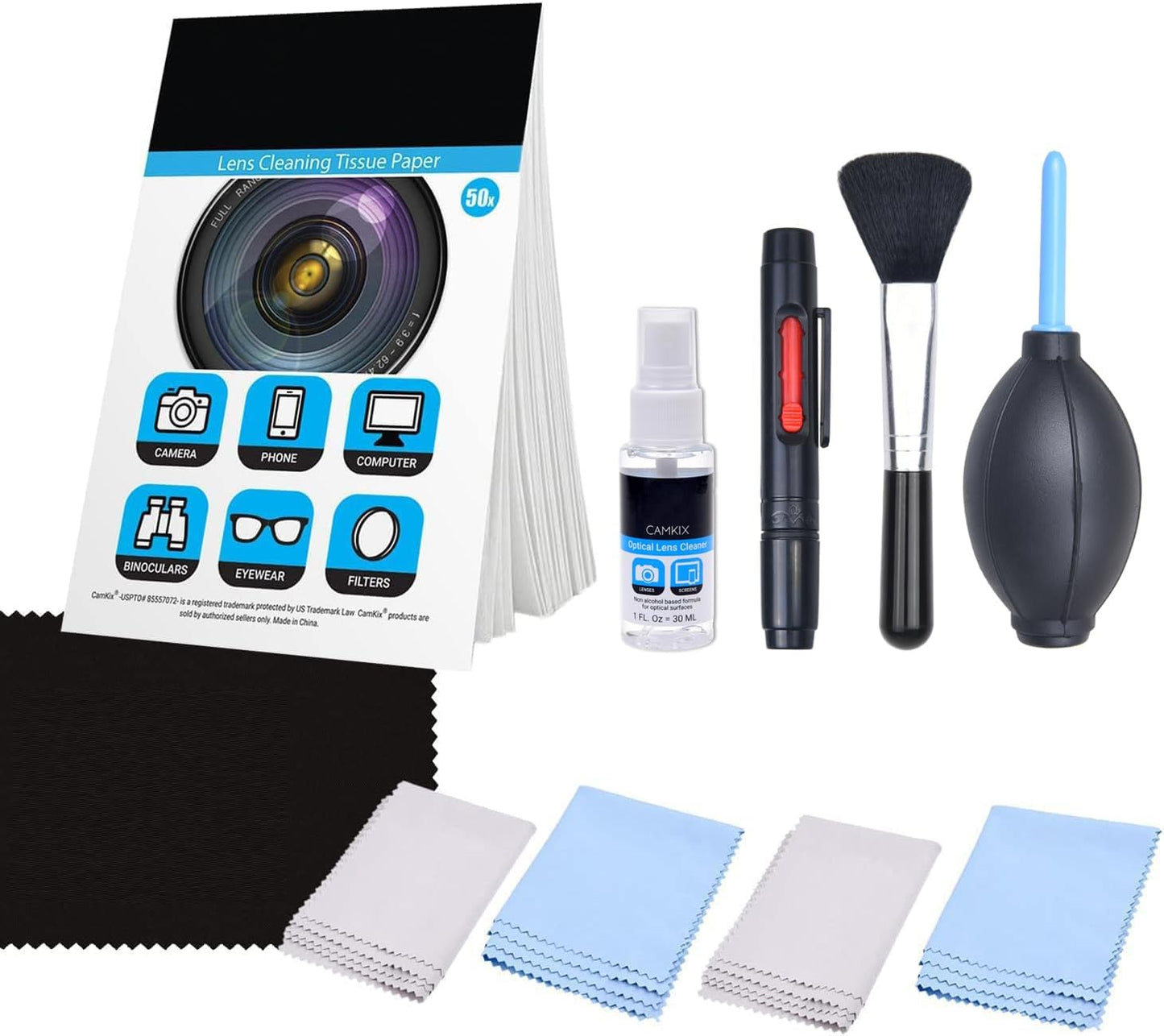 Camkix Camera Lens Cleaning Kit - Air Blower, 2in1 Lens Cleaning Pen, Cleaning Brush, Spray Bottle w/Cleaning Solution, Lens Cleaning Paper Tissue (50 Sheets), Microfiber Cleaning Cloths- for Lenses
