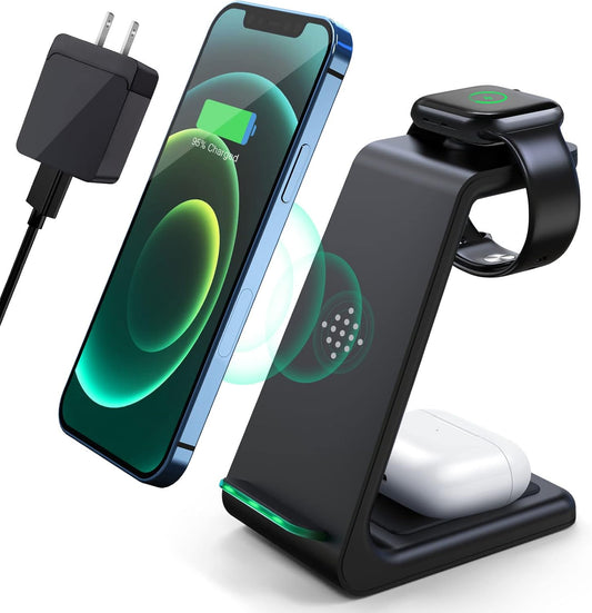 3 in 1 Wireless Charging Station, 2025 Upgraded Fast Desk Charger Station for iPhone 16 15 14 13 12 Pro Max Plus, Charger Stand for Apple Watch 10 9 8 7 6 5 4 3 2 SE, Airpods 4 3 2 Pro(Black)