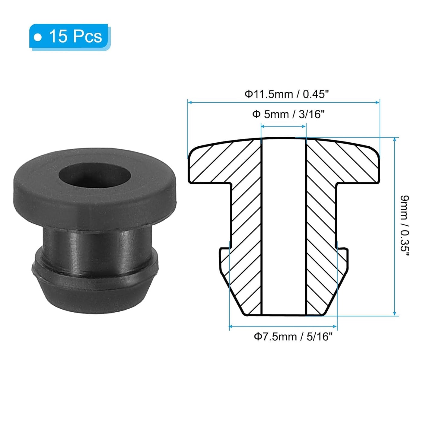 PATIKIL 7.5mm / 5/16 Inch Drill Hole,3/16 Inch ID Rubber Grommets, 15Pcs Top Hat Grommet for Wiring Eyelet Ring Gasket Automotive Firewall Cable Hole Plugs Wires Protection, Black