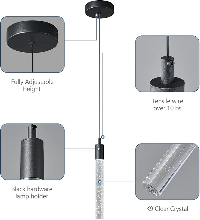 Modern Kitchen Island Pendant Light Dimmable LED Black Finish Mini Crystal Pendant Lighting Bedroom Bedside Table Small Pendant Lights（1-Pack）