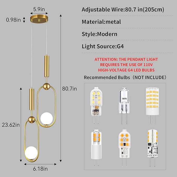 Modern Oblong Glass Pendant Light fixtures 2-Light, Simplicity Gold Pendant Lighting, Mid Century Chandelier for Kitchen Island Dining Room Bedroom Entryway Hallway(1-Pack)