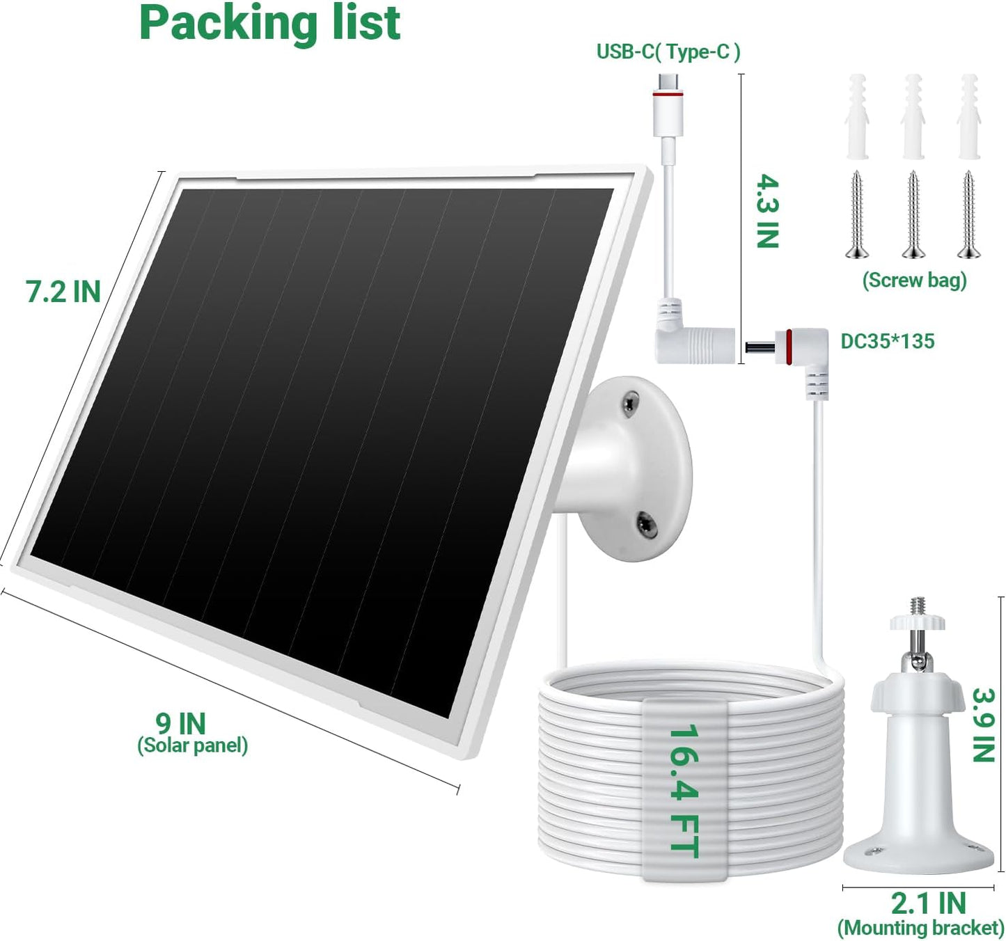 2-Pack Solar Panel Charger for Ring Camera, 8W High-Efficiency - Compatible with Ring Spotlight & Stick Up Cam Pro/Plus, 16ft Long Cable, 3.5mm to USB-C Adapter, IP65 Waterproof, White