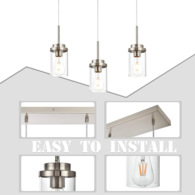 MELUCEE Kitchen Pendant Lighting Over Island 3 Lights Linear Chandelier Brushed Nickel Finish Dining Room Light Fixtures Ceiling Hanging Lamp with Clear Glass Shade, 20.5 Inches Length