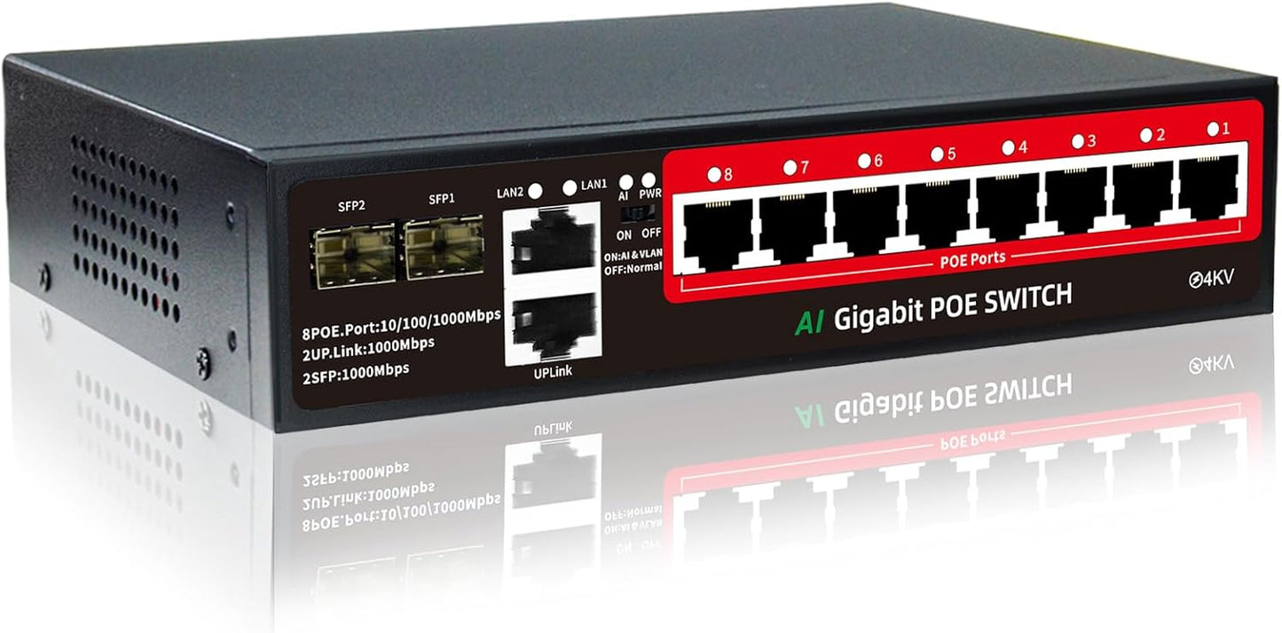 STEAMEMO 8-Port Gigabit PoE Switch | 2×Gigabit Uplinks + 2×1.25G SFP, AI VLAN Mode, 802.3af/at@120W, Unmanaged Metal Plug & Play (Desktop/Wall Mount)