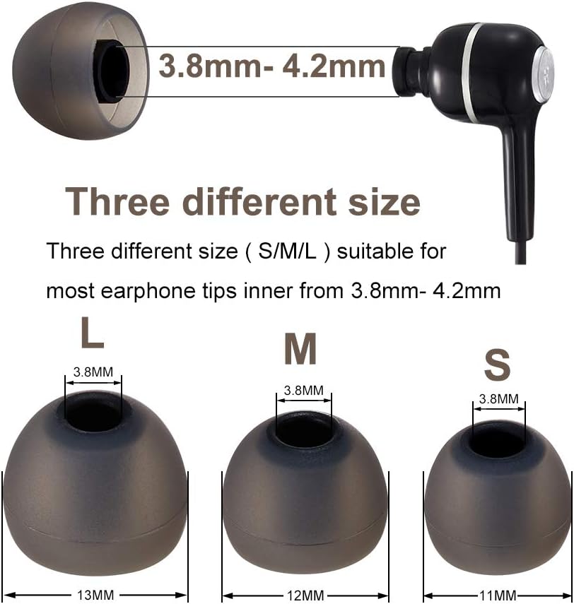 Earbud Tips Soft Silicone Earbuds Replacement Tips Fit for in-Ear Headphones(Inner Hole from 3.8mm -4.2mm Earphones) 9 Pairs S/M/L,Black