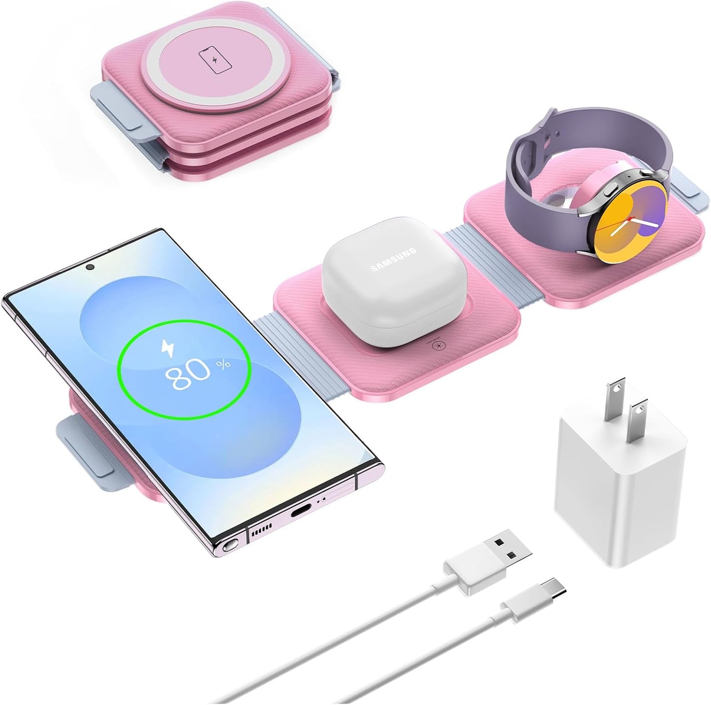 Travel Charger for Samsung Multi Devices, Foldable 3 in 1 Wireless Charging Station Fast Charging Stand/Pad Compatible for Samsung Galaxy S25/S24/S23/S22/S21/Note20 Galaxy Watch8/7/6/5/4/Galaxy Buds4