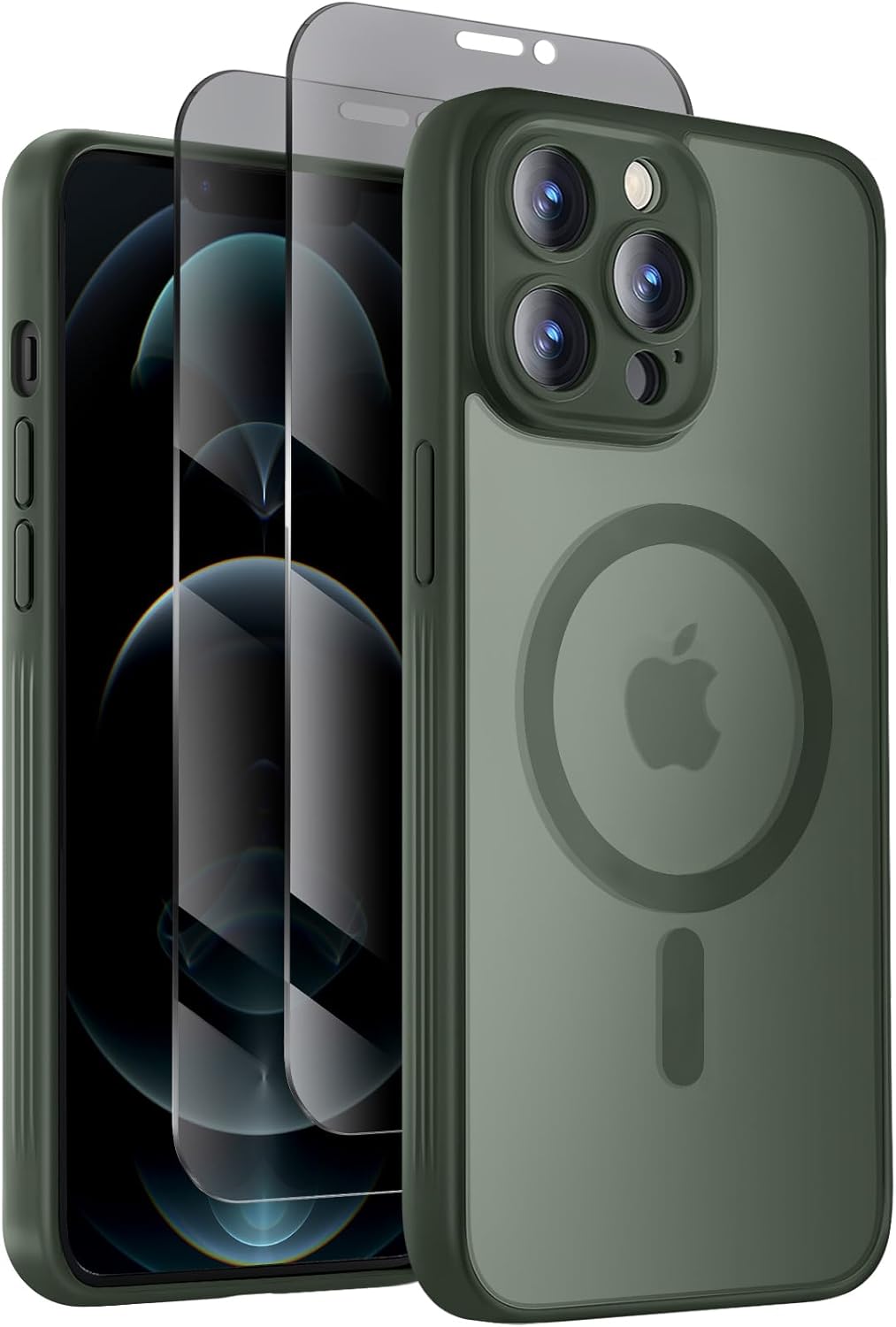 Designed for iPhone 12 Pro Case, Compatible with MagSafe, with Privacy Screen Protectors X2, [Camera Protection] [15FT Military Drop Protection] Shockproof Phone Case, 6.1", Alpine Green