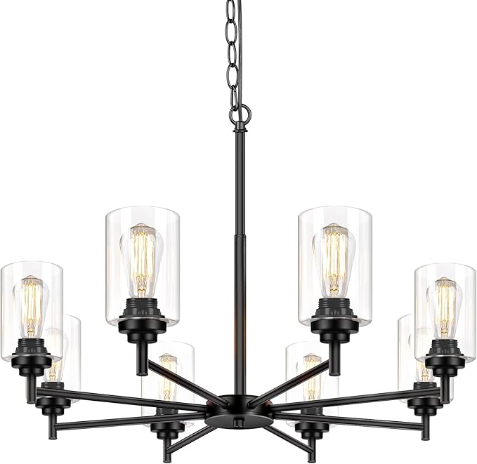 Sucolite 33.5'' 8-Light Chandelier for Dining Room Kitchen Island, Modern Farmhouse Pendant Lighting with Glass Shades Industrial Black Hanging Ceiling Light Fixture for Living Room, Height Adjustable