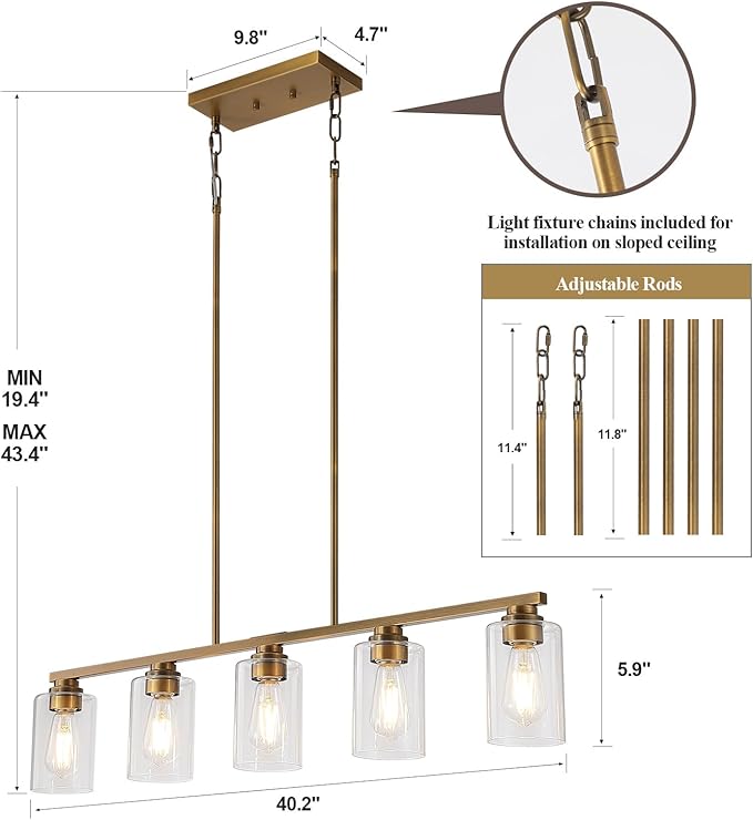 Island Light for Kitchen, Brushed Brass Dining Room Light Fixture Over Table, 5-Light Linear Chandelier Pendant Lighting for Dining Table Kitchen Island Living Room