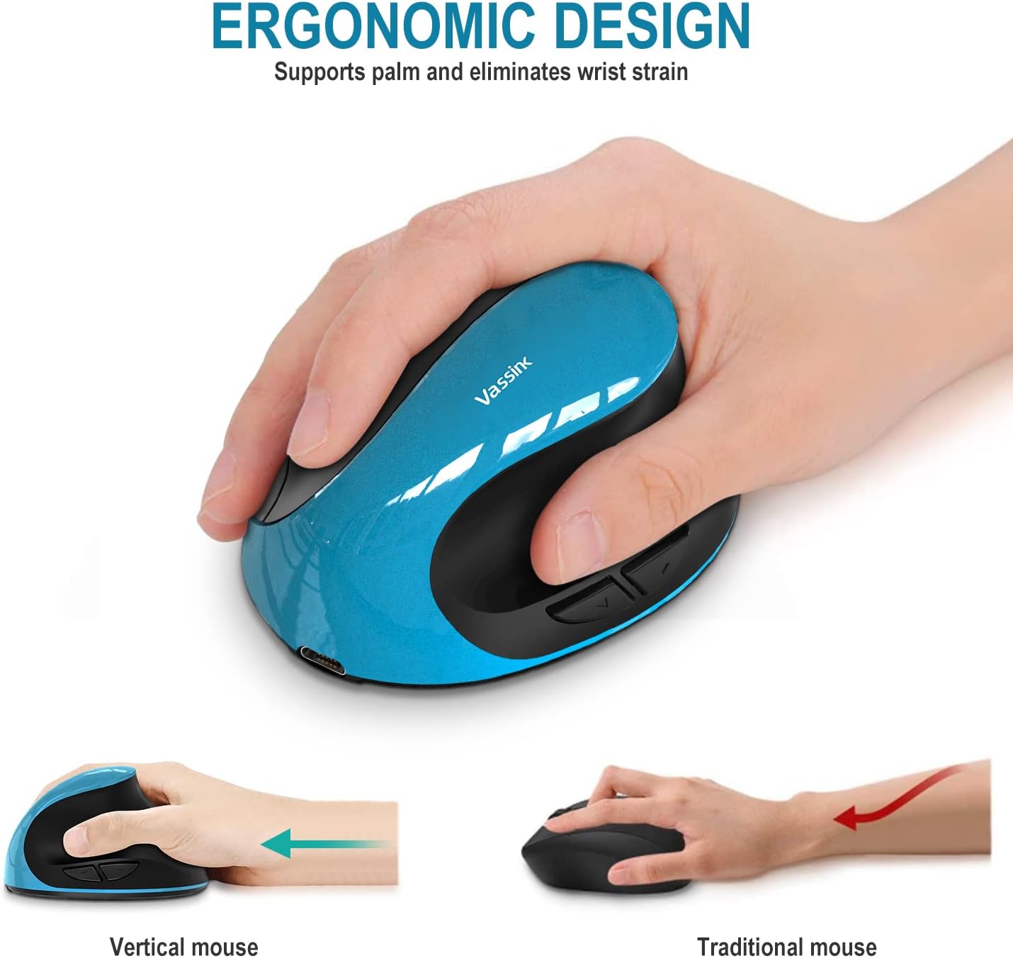 Vassink Ergonomic Mouse, Rechargeable Wireless Mouse Right Handed Small Mouse with 6 Buttons for Laptop,Desktop,PC, MacBook（Blue）